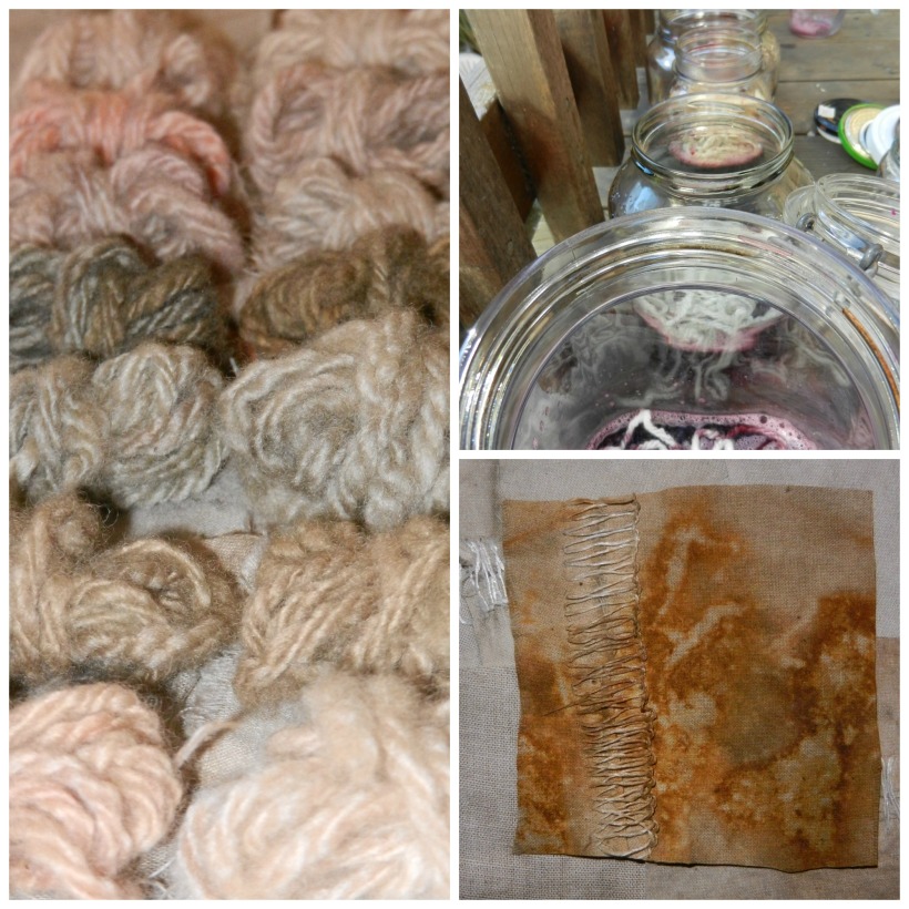 tiny balls of lavendar and pink yarns, closeup on rust-dyed fabric, dye jars